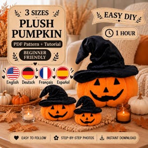Plush Pumpkin Pattern PDF, DIY Stuffed Sewing Tutorial, Easy Beginner Project, 3 Sizes
