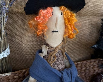 Handgemaakte primitieve heksenpop AGATHA – lapstof Halloweendecoratie, rustieke volkskunstpop, plankdecor herfst