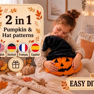 Modello PDF per cappello di zucca di Halloween, tutorial di cucito fai da te imbottito, progetto facile per principianti, 3 taglie