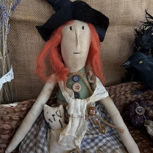 Primitive Witch Doll ZELDA – Handmade Folk Art Halloween Doll, Rustic Home Decor, Coffee & Cinnamon Scented, Collectible Gift