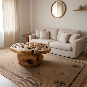May include: A carved wooden coffee table featuring sea life designs. The table is a natural wood colour and rests on a woven rug. A beige sofa and a round mirror are visible in the background. The table's dimensions are approximately 120 cm in diameter.
