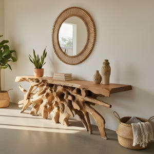 Puede incluir: Una consola de madera natural con una base única en forma de raíz. Un espejo redondo tejido cuelga sobre la mesa. Jarrones decorativos y libros están colocados sobre la superficie de la mesa. Una planta en maceta y una cesta tejida también están en la habitación.