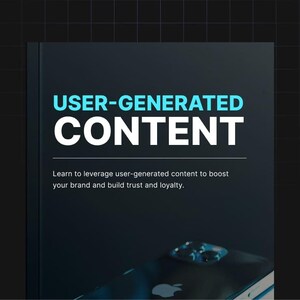 Pode incluir: Gráfico azul escuro com as palavras "USER-GENERATED CONTENT" em branco e azul-turquesa. Abaixo, o texto diz: "Aprenda a aproveitar o conteúdo gerado pelo usuário para impulsionar sua marca e construir confiança e lealdade."
