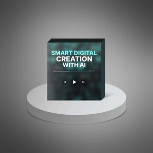 May include: A black box with the text "SMART DIGITAL CREATION WITH AI" in white and teal. The box is on a white plinth against a grey background. The box has a media player interface.