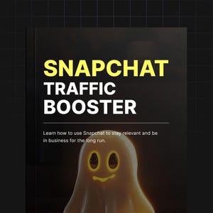 Könnte beinhalten: Ein schwarzer Buchumschlag mit den Worten "SNAPCHAT TRAFFIC BOOSTER" in Gelb und Weiß. Unter dem Text befindet sich eine leuchtende Geisterillustration. Der Text unter dem Titel lautet: "Erfahren Sie, wie Sie Snapchat nutzen können, um relevant zu bleiben und langfristig im Geschäft zu sein."