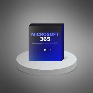 以下が含まれることがあります： 白字で「MICROSOFT 365」と書かれた黒と青の箱。箱はグラデーションデザインで、再生、一時停止、スキップボタンを備えたメディアプレーヤーインターフェースを備えています。箱は白い円形の台座にあります。