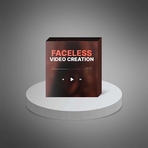 Peut inclure: Une boîte marron avec le texte "FACELSS VIDEO CREATION" en rouge et blanc. La boîte présente une interface de lecteur multimédia avec des boutons de lecture, d'avance et de retour. La boîte est sur un piédestal rond blanc.