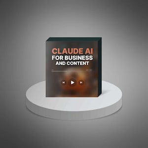 May include: A product box on a white pedestal against a gray background. The box is black with the text "CLAUDE AI FOR BUSINESS AND CONTENT" in orange. Playback controls are visible at the bottom of the box.