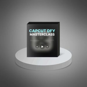 May include: A black box with the text "CAPCUT DFY MASTERCLASS" in light blue. The box is on a white, circular pedestal against a gray background. The box has a blurred graphic of a media player.