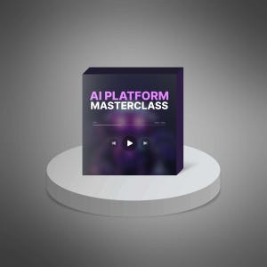 Könnte beinhalten: Eine dunkelviolette Box mit dem Text "AI PLATFORM MASTERCLASS" in Weiß und Lila. Die Box steht auf einem weißen Sockel vor grauem Hintergrund. Die Box hat eine Mediaplayer-Oberfläche.
