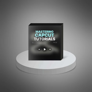 May include: A black box with the text "MASTERING CAPCUT TUTORIALS" in light blue. The box is on a white, circular pedestal against a gray background. The box has media control icons.