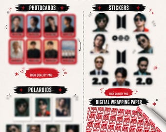 May include: A digital collection featuring BTS 2.0 branding with photocards, stickers, polaroids, and wrapping paper. The layout includes red text labels, a purple heart icon, and various portrait images of individuals. The wrapping paper displays a repeating red and white pattern with the text BTS 2.0.