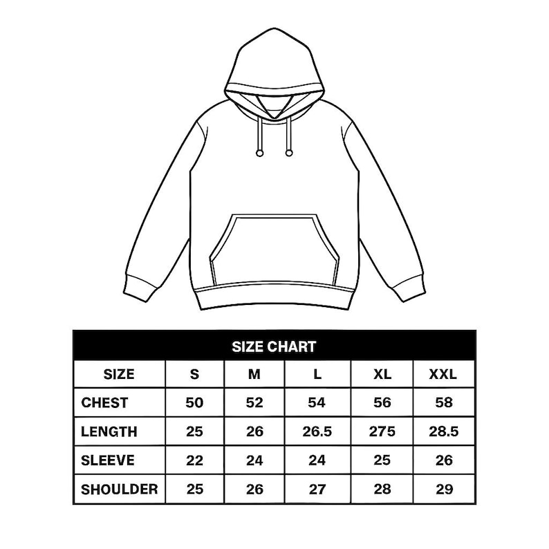 Puede incluir: Dibujo lineal en blanco y negro de una sudadera con capucha y bolsillo delantero. Una tabla de tallas debajo muestra las medidas de pecho, largo, manga y hombro en cm para las tallas S a XXL.