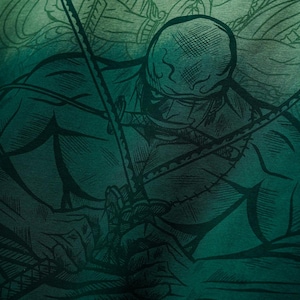 Puede incluir: Un dise&ntilde;o gr&aacute;fico de color verde azulado que presenta una figura musculosa sosteniendo una espada, con otras figuras en el fondo. La obra de arte tiene un estilo de c&oacute;mic, con l&iacute;neas y sombreados detallados. El tema general es la acci&oacute;n y la aventura.