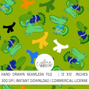 May include: A seamless digital pattern featuring cartoon green crocodiles wearing blue martial arts uniforms with yellow belts, interspersed with solid-colored belt shapes in black, orange, yellow, white, and blue on a lime green background.