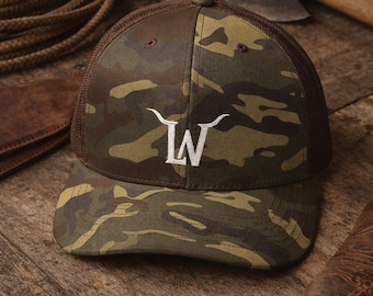 Embroidered Camo Trucker Hat, Laughing Willow Farms Logo Cap, Outdoor Accessory, Hunting Gear, Gift for Farmers, Camouflage Baseball Hat
