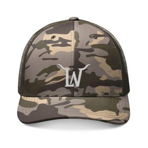 Embroidered Camo Trucker Hat, Laughing Willow Farms Logo Cap, Outdoor Accessory, Hunting Gear, Gift for Farmers, Camouflage Baseball Hat