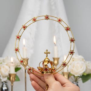 Virgin Mary Crown Halo, Floral Ruby Red Crystal Catholic Statue Headpiece, Our Lady Crown Replacement, Fits 11-20 Inch Statue