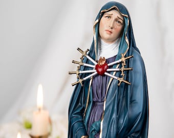 Marienstatue der Schmerzen, 30 cm, handbemalt, blauer Mantel, Jungfrau-Maria-Figur für die Gebetsecke – ein bedeutungsvolles katholisches Geschenk für Frauen