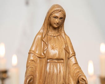 聖母マリアの恵みの木像、手彫りのメープル材、カトリックの贈り物