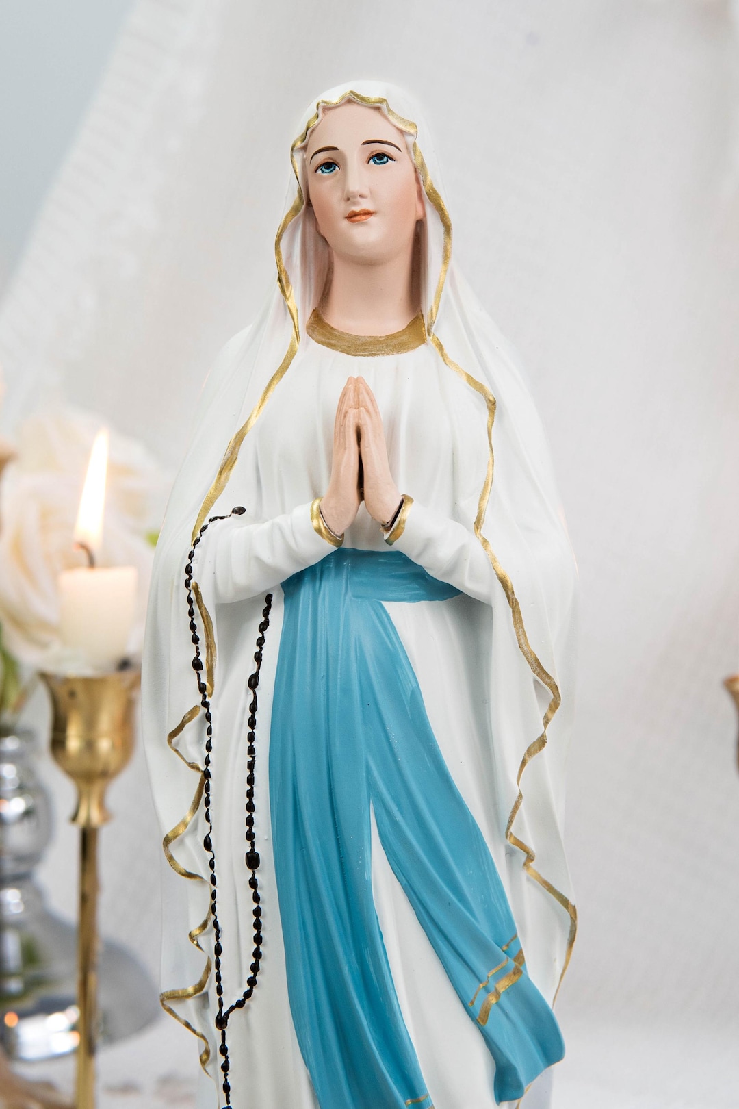 Our Lady of Lourdes Statue 11.8" - Virgin Mary Figurine With Rosary ...