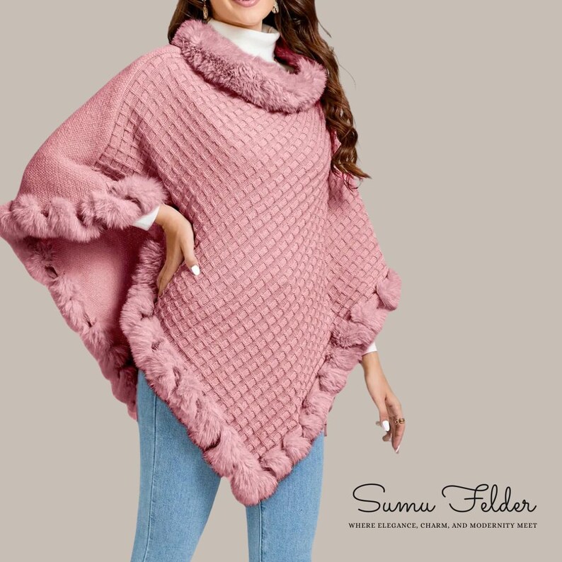 Knitted Poncho: Faux Fur Trim, Cozy Winter Shawl - Etsy