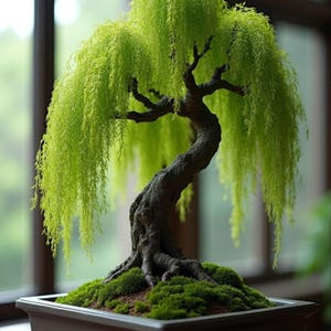 Pode incluir: Uma árvore bonsai com estilo de chorão. A árvore tem um tronco marrom escuro e torcido e folhagem verde brilhante em cascata. É plantada em um vaso retangular de cerâmica marrom escuro, com musgo verde na base.