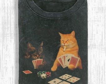 Gamble Tee, Vintage Cats Playing Pokerr Meme Graphic Tee, Funny Cat Shirt,Funny Poker Graphic Tee Gift For Boyfriend Menswear Top Streetwear