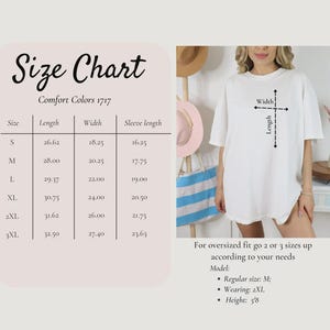 K&ouml;nnte beinhalten: Ein wei&szlig;es Comfort Colors 1717 T-Shirt wird mit einer Gr&ouml;&szlig;entabelle gezeigt. Die Tabelle listet die Gr&ouml;&szlig;en S bis 3XL auf, mit Ma&szlig;en f&uuml;r L&auml;nge, Breite und &Auml;rmell&auml;nge in Zentimetern. Das Model tr&auml;gt ein 2XL-Shirt.
