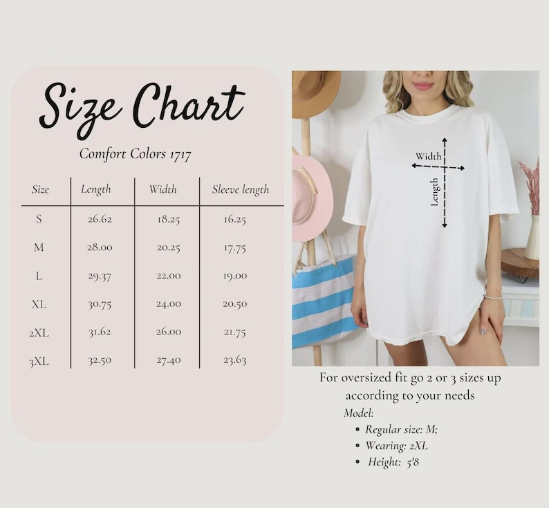 K&ouml;nnte beinhalten: Ein wei&szlig;es Comfort Colors 1717 T-Shirt wird mit einer Gr&ouml;&szlig;entabelle gezeigt. Die Tabelle listet die Gr&ouml;&szlig;en S bis 3XL auf, mit Ma&szlig;en f&uuml;r L&auml;nge, Breite und &Auml;rmell&auml;nge in Zentimetern. Das Model tr&auml;gt ein 2XL-Shirt.