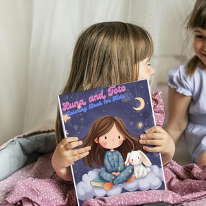 Puede incluir: Una niña sostiene un libro para colorear para niños titulado "Luna and Toto Coloring Book for Kids". La portada presenta una ilustración de una niña en pijama con un conejito en una nube, sobre un cielo estrellado con una luna creciente.