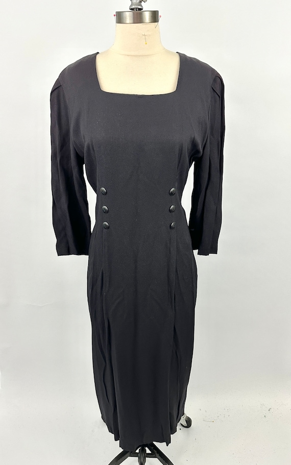 Vintage 1950s Black Dress | Dawn Joy | Button fron