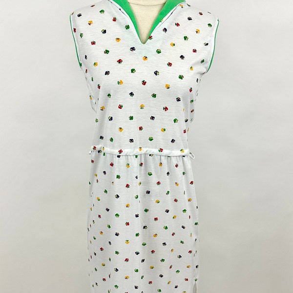 Vintage 1970s Knit Polka Dot Mushroom Dress | Green Collar | Skiva | Size Medium