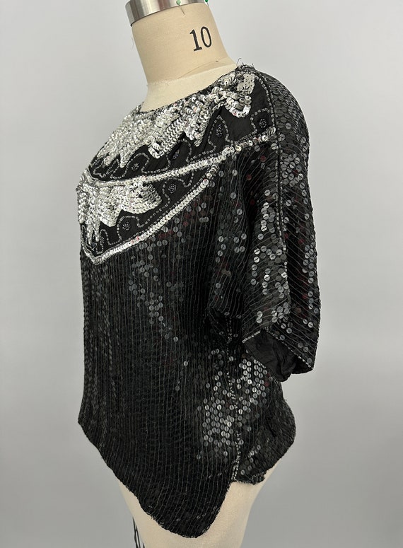 80s Vintage Sequin Blouse | Silver Black | Silk |… - image 3