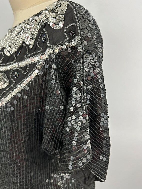 80s Vintage Sequin Blouse | Silver Black | Silk |… - image 2