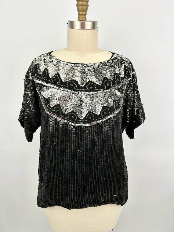 80s Vintage Sequin Blouse | Silver Black | Silk |… - image 1