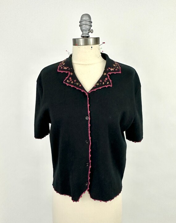 90s Vintage Black Sweater w/ Pink Trim | Koret