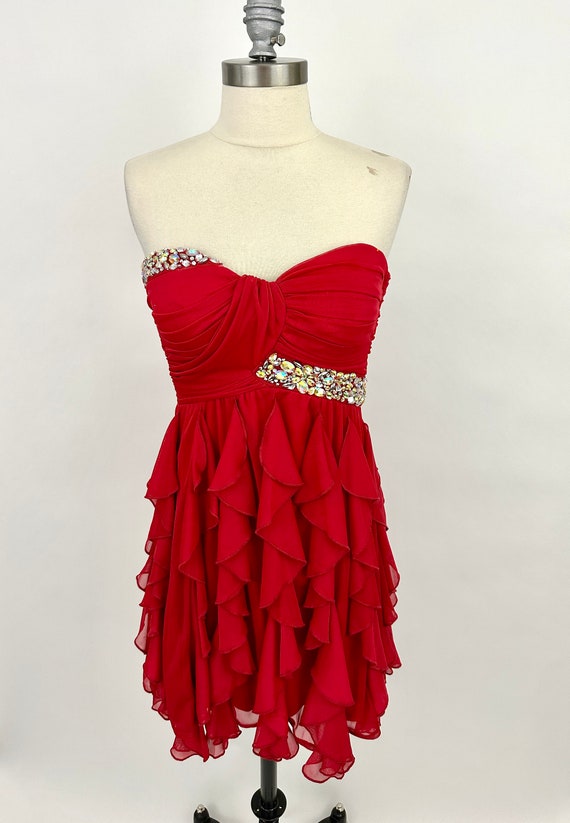 Vintage 1990s Red Beaded Homecoming Cocktail Dres… - image 1