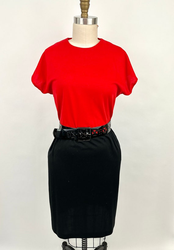 Vintage 1980s Knit Red Black Dress | Black Belt