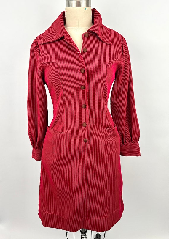 Vintage 1980s Red Black Ribbed Dress | Polyester |