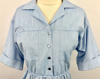 Vintage 1980s Leslie Fay | Chambray Dress | Blue | Button Front | Elastic Waist | Large