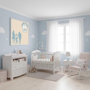 May include: A nursery with light blue walls, white furniture, and a framed family silhouette. The room includes a crib, changing table, rocking chair, and a mobile. White curtains and cloud decals decorate the room.