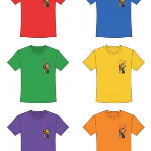 以下が含まれることがあります： 赤、青、緑、黄、紫、オレンジの半袖Tシャツ6枚。各シャツには、ギターと音符を持った2人の小さなグラフィックが描かれています。シャツは白い背景に表示されています。
