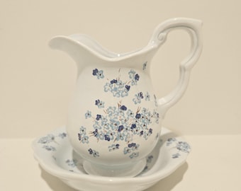 Vintage Blue Floral Ceramic Pitcher Planter with Matching Dish