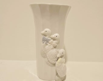 Vintage Porcelain Baby Nursery Vase with Embossed Ducklings