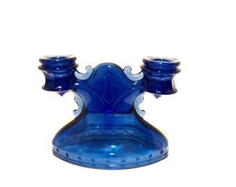 Vintage Cobalt Blue Glass Double Candleholder - L.E. Smith