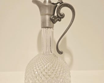 Vintage Diamond-Cut Glass Pitcher with Pewter Top