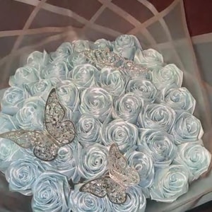 40 roses Ribbon Flowers Bouquet with tiara and butterflies