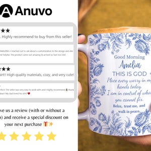 Personalized Christian Mug With Name, Blue Toile Floral Coffee Cup, Good Morning This Is God Prayer Mug, Faith Gift For Women, Bible Verse bild 2