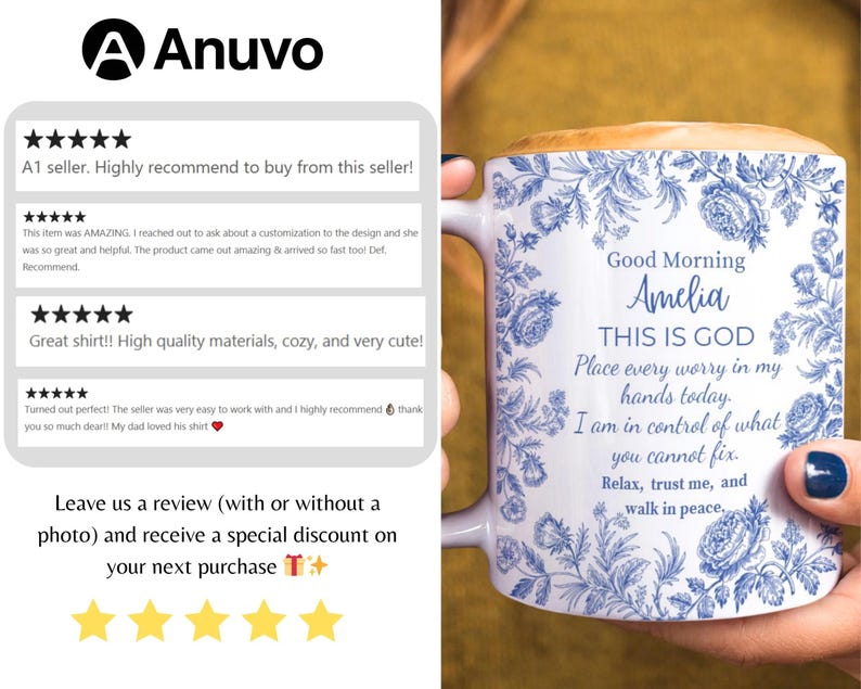 Personalized Christian Mug With Name, Blue Toile Floral Coffee Cup, Good Morning This Is God Prayer Mug, Faith Gift For Women, Bible Verse bild 2